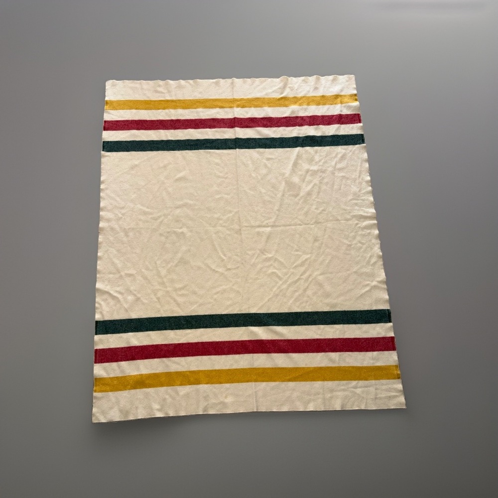 Vintage Pearce Striped Wool Blanket Cream Multi Color Lodge Cabin 82x62